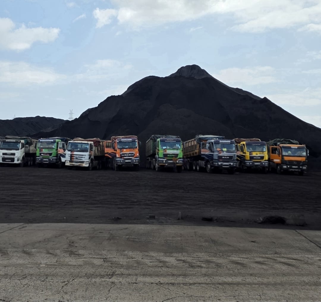 Trucks lined up beside a dark bulk cargo stockpile