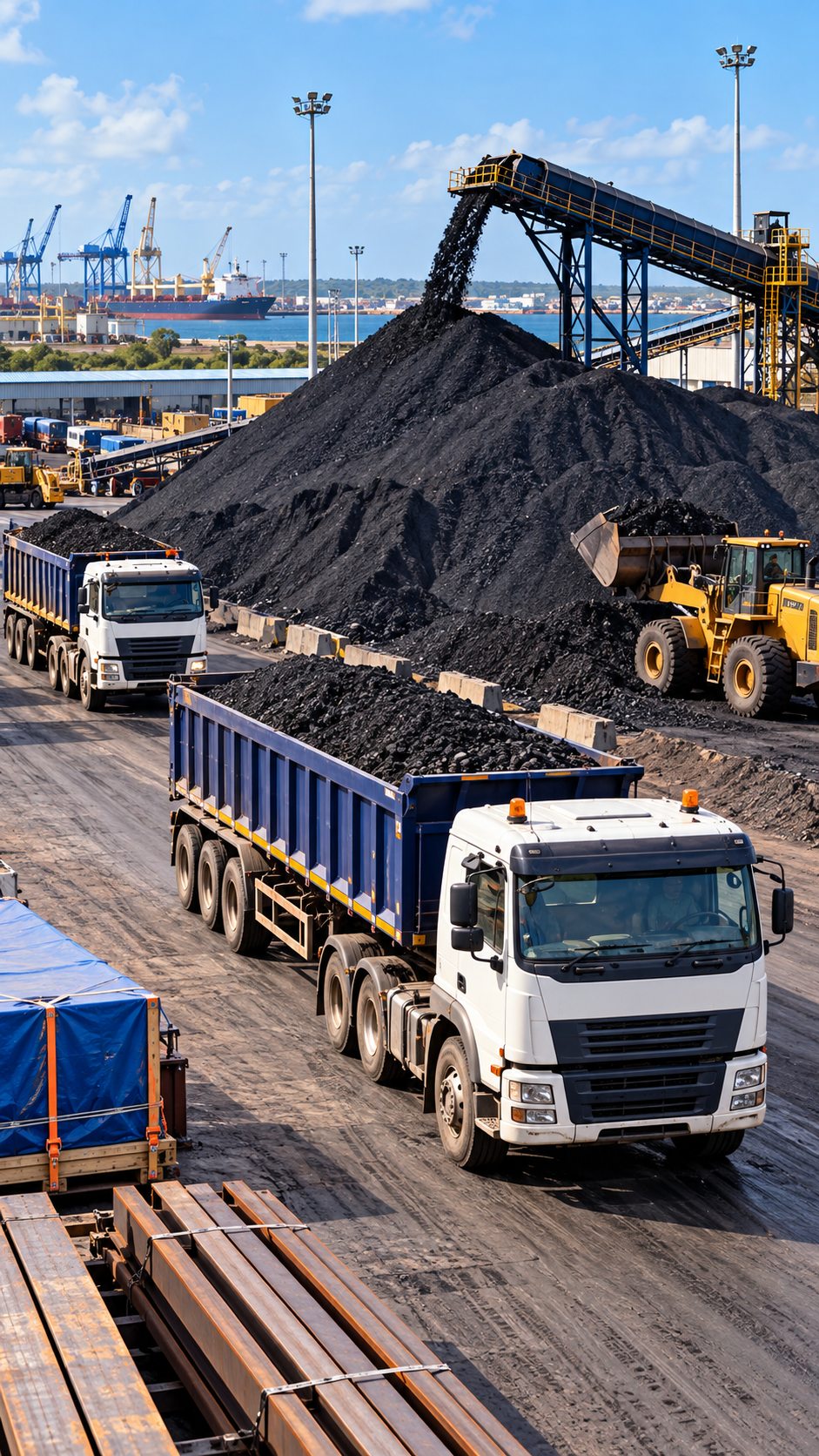 Illustrative bulk cargo yard with conveyor and trucks