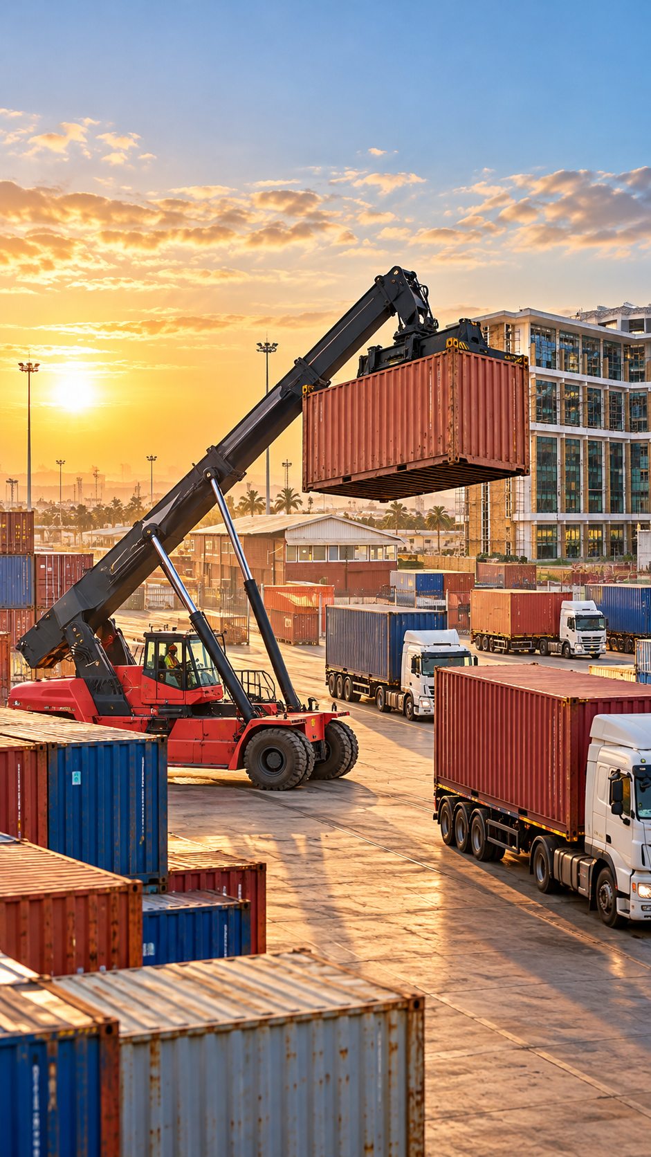 Illustrative container handling scene with a reach stacker