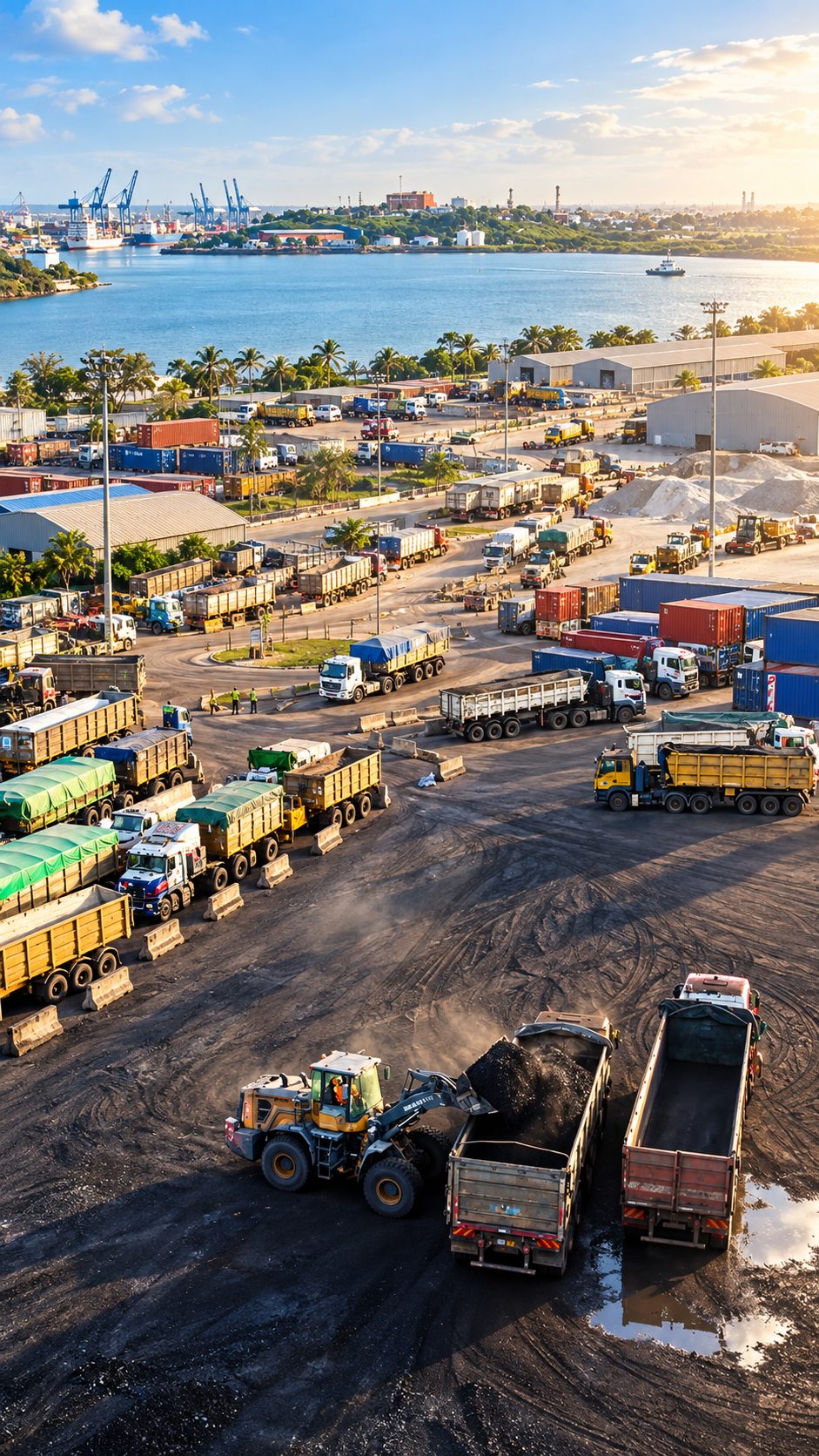 Illustrative logistics scene showing a busy coastal freight gateway