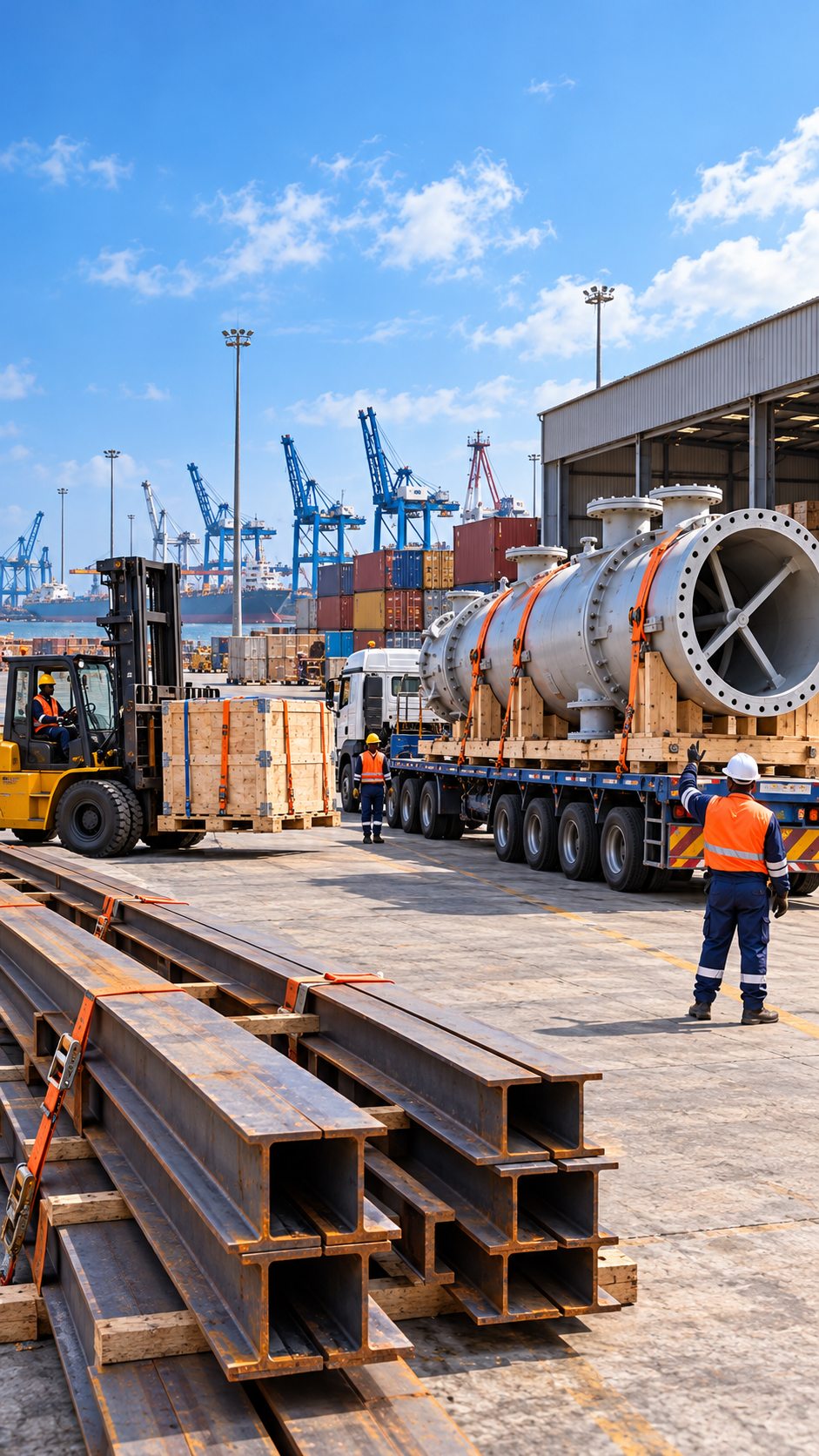 Illustrative project cargo handling scene with steel products