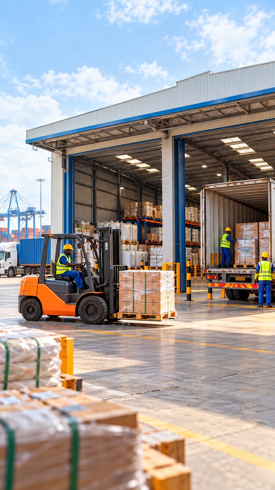 Illustrative covered warehouse with forklift and cargo
