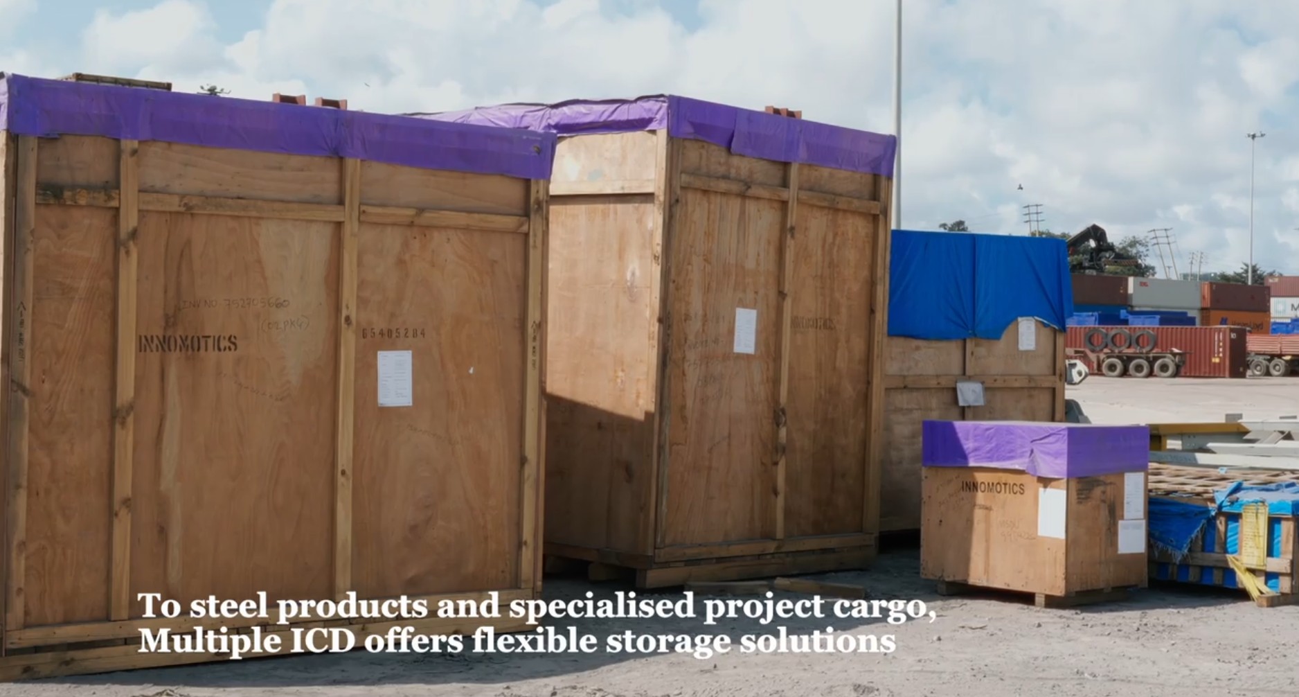 Large crated cargo stored in the depot yard