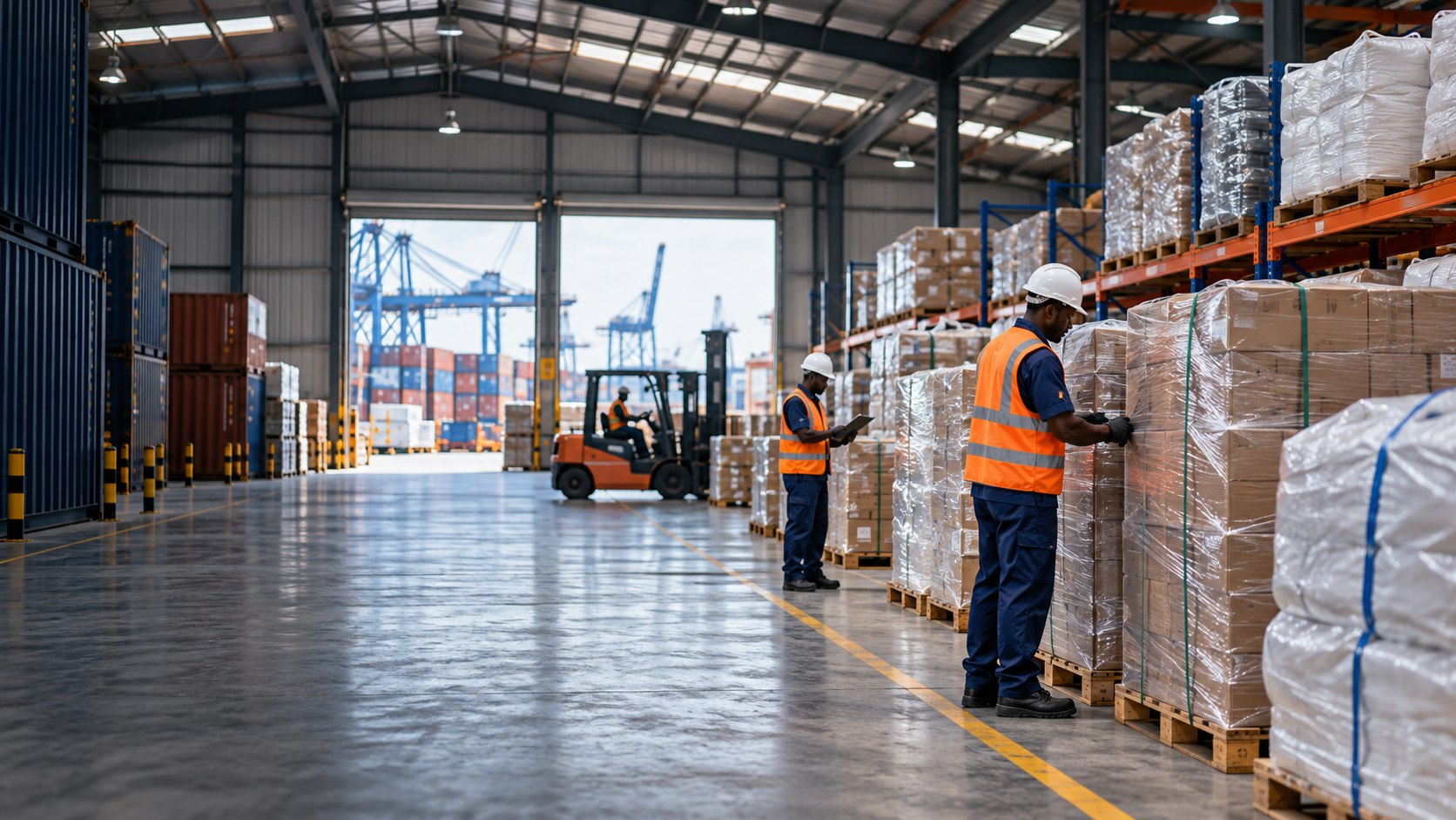 Cargo stored inside a covered warehouse